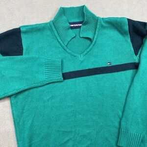 Vintage Tommy Hilfiger Women's M Ribbed Sweater Green Tip V Neck Pullover Preppy